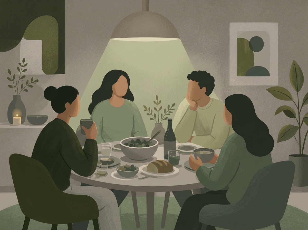 Illustration of friends sharing a meal around a table under warm lamplight