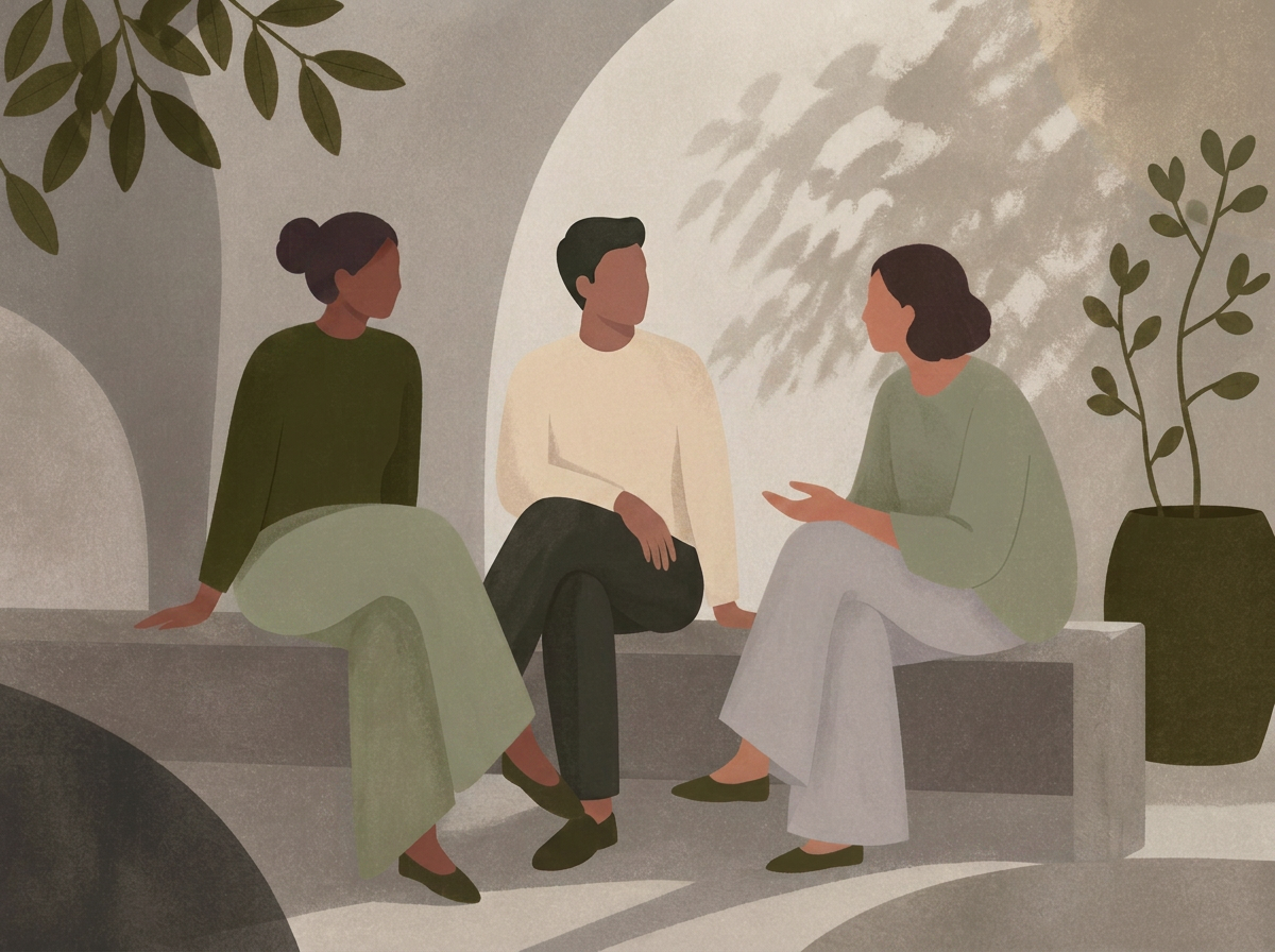 Illustration of three friends sitting together on a bench, talking in warm light